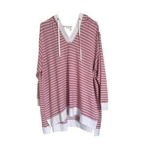 Jane + Delancey Women's Hooded Top Long Sleeve White & Pink Stripes Size 2X